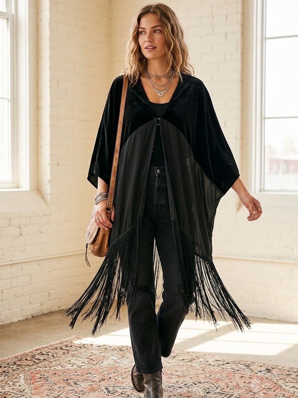 Vintage Free People Black Velvet & Sheer Fringe Poncho Kaftan Oversized One Size - Picture 2 of 10